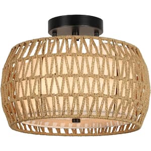 12.6 in. 3-Light Brown Farmhouse Semi-Flush Mount with Woven Rattan Shade