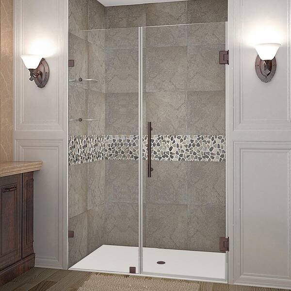 Aston Nautis GS 44.25 - 45.25 in. x 72 in. Frameless Hinged Shower Door with Glass Shelves in New Bronze
