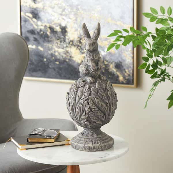 Gray 8 in. x 20 in. Rabbit Textured Polystone Sculpture with Leaf Covered Round Base
