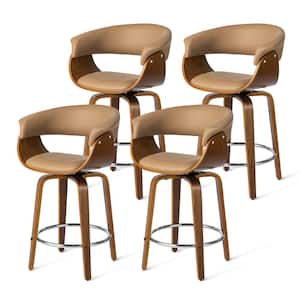 34.75 in. H Mid-century Modern Brown Leatherette Swivel Counter Stool with Walnut Bentwood Frame (Set of 4)