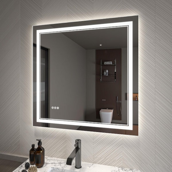 Lonni 36 in. W x 36 in. H Rectangular Frameless LED Light and Anti-Fog Wall Bathroom Vanity Mirror in Matte White