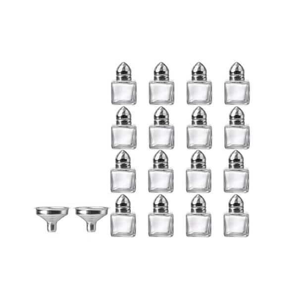 Set of 24 Mini Glass Salt and Pepper Shakers with Stainless Steel Lids, Funnels, Cube Jars for Party, Wedding, Kitchen
