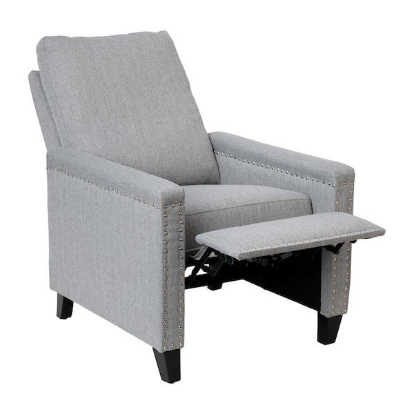 Taylor + Logan 27 in. W Gray Upholstered Transitional Style Pillow Back Recliner with Accent Nail Trim and Pushback Recline, Light Gray