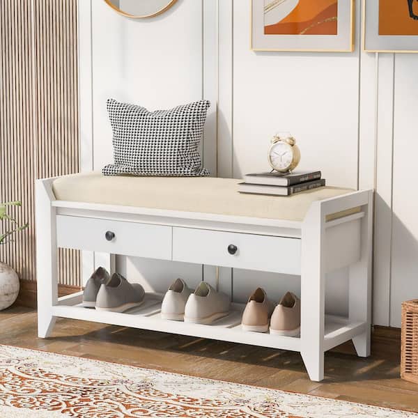 Asucoora Liberty White Entryway Storage Bench with 2-Drawer (39 in
