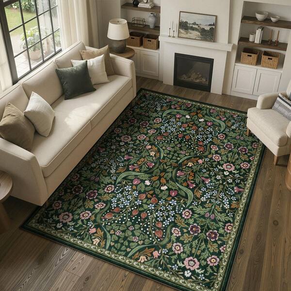 Multi-Colored Floral Plant Washable 5 ft. x 7 ft. Green Area Rug