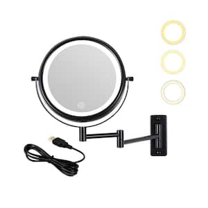 8 in. Round 1X/10X Magnifying 3-Color-LED Touch Screen Dimmable USB Charge Wall Mounted Bathroom Makeup Mirror(Black)