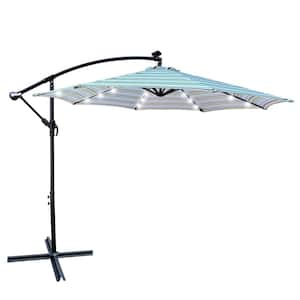 10 ft. Steel Cantilever Solar Patio Umbrella in Blue Striped with 24 Solar LED Lights and Cross Base for Poolside Garden