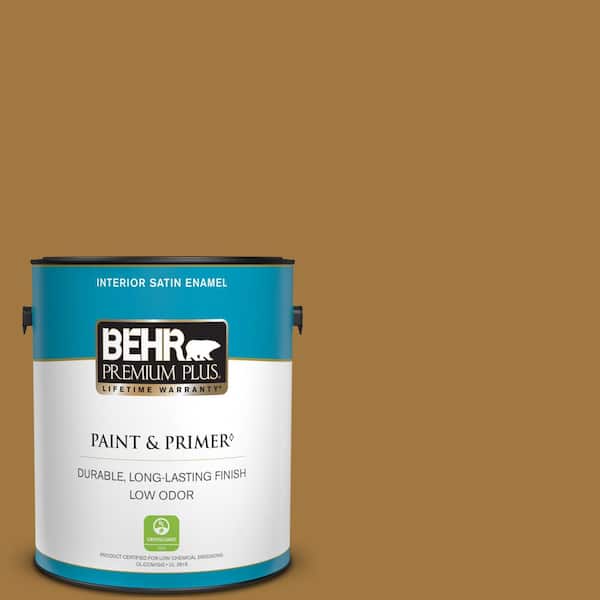 BEHR PREMIUM PLUS 1 gal. #310F-6 Goldenrod Tea Satin Enamel Low Odor Interior Paint & Primer