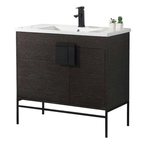 FINE FIXTURES Shawbridge 36 in. W x 18.11 in. D x 33.5 in. H Bath Vanity in Black Oak Straight Grain with Ceramic Vanity Top in White