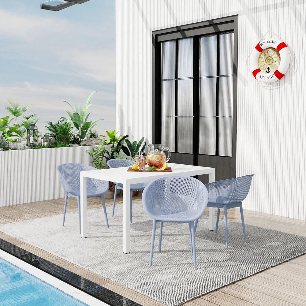 5-Piece Metal Rectangluar Table Standard Height Outdoor Dining Set with Blue Chairs price history on PriceWatchPro