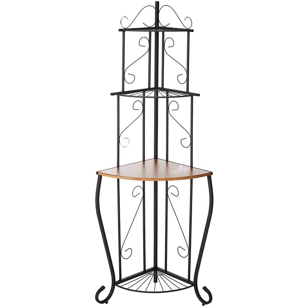 Black/Walnut 3-Tier Corner Bakers Rack Kitchen Storage