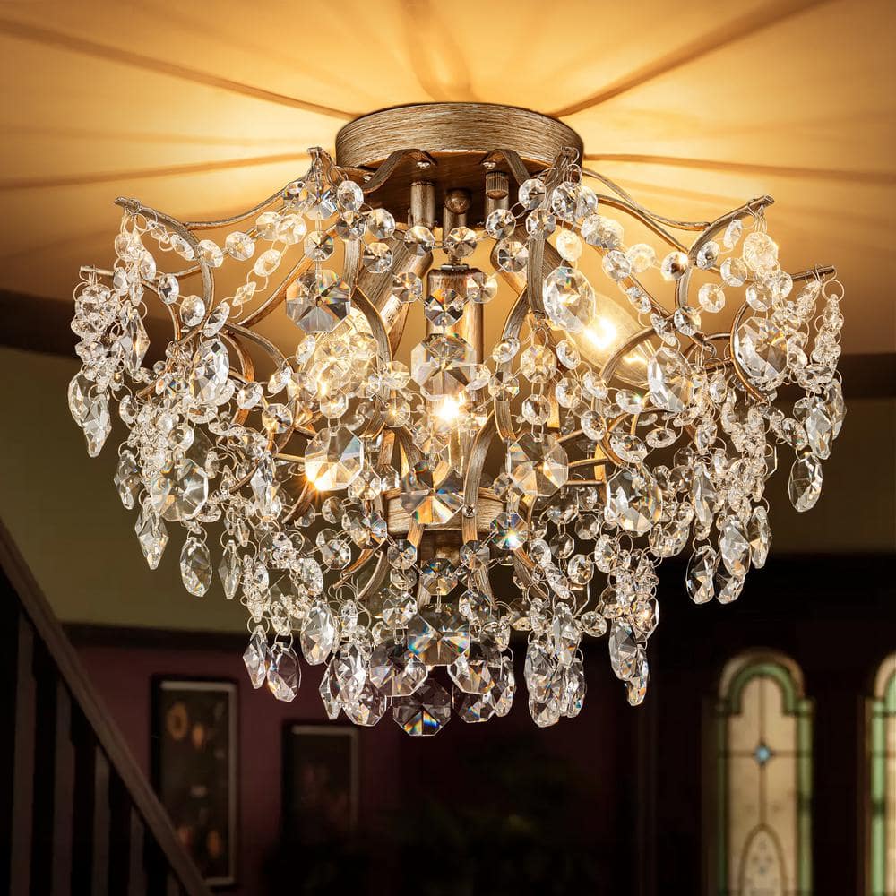 Rennnsan Ada 15.75 in. 3-Light Antique Gold Crystal Semi Rennnsan Ada 15.75 in. 3-Light Antique Gold Crystal Semi