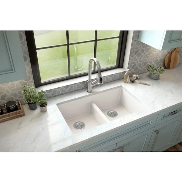 QU-810 Quartz/Granite 32 in. Double Bowl 50/50 Undermount Kitchen Sink in White with Bottom Grid and Strainer