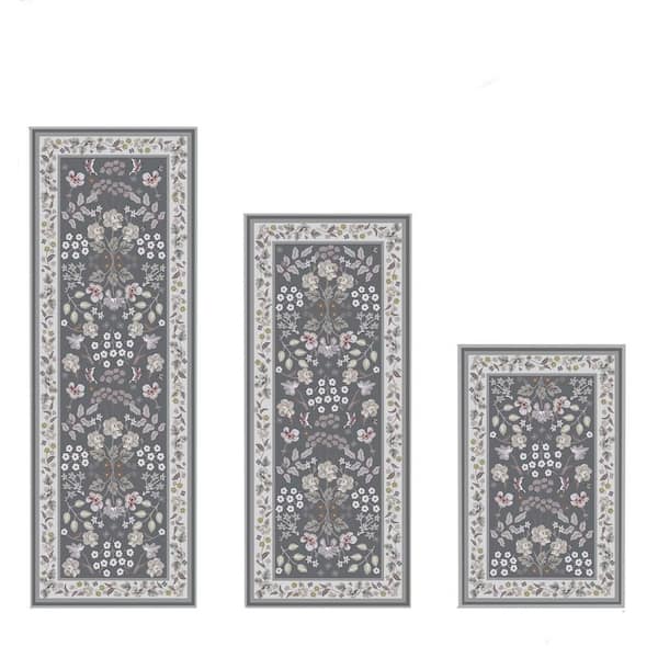 Gray 59 in. x 20 in. Indoor Non Slip Washable Kitchen Rugs and Mats Set of 3