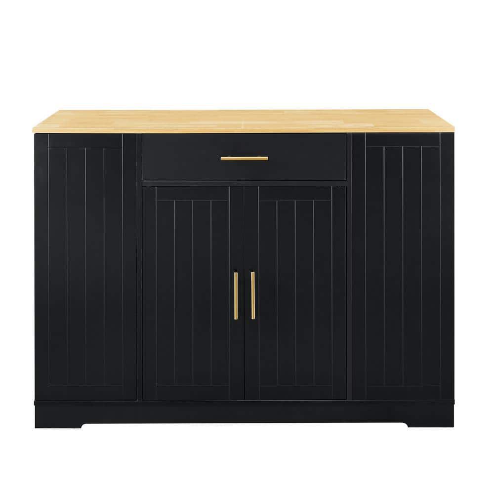 Black Wood 53.2 in. W Large Kitchen Island with 13 Gallon Trash Can Cabinet