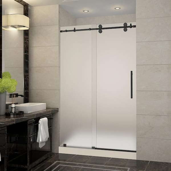 Aston Langham 48 in. x 36 in. x 77.5 in. Frameless Sliding Shower Door with Frosted Glass in Oil Rubbed Bronze and Right Base
