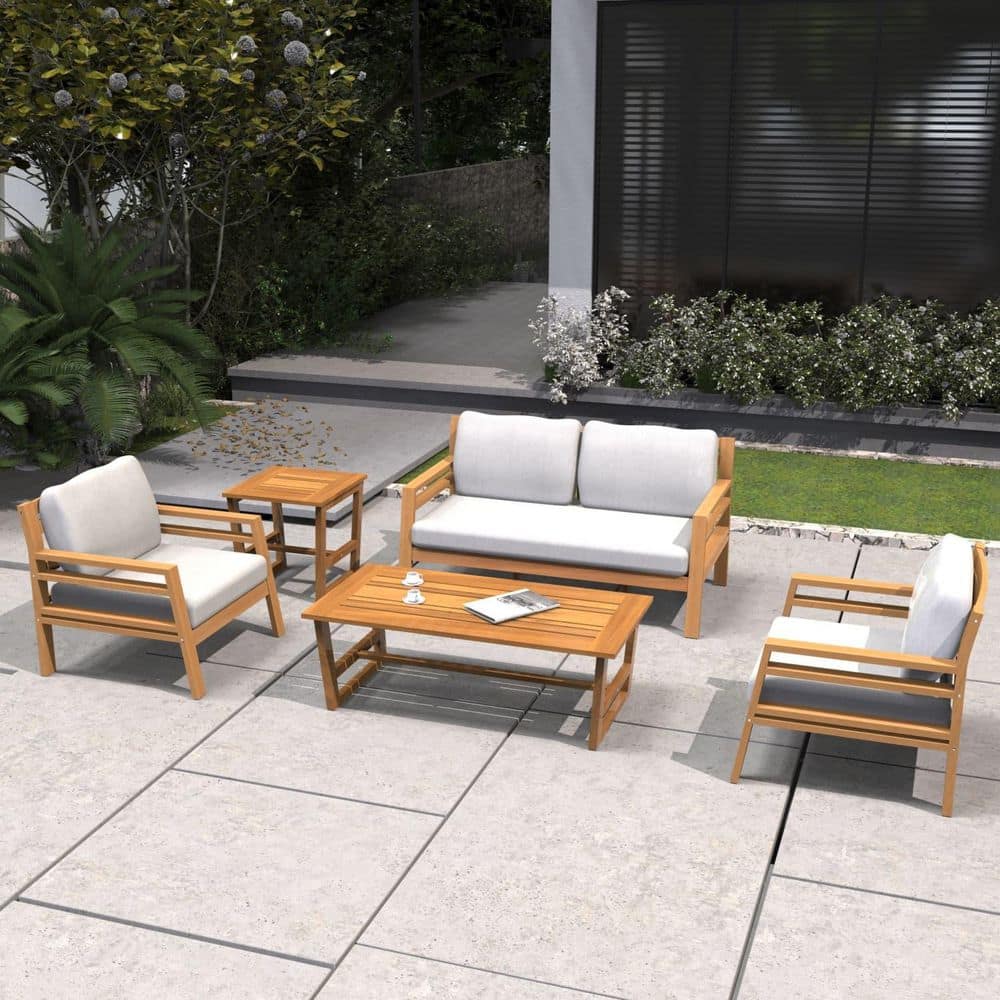 Data Natural 5-Piece Acacia Wood Patio Conversation Sofa Set with Beige Cushions price history on PriceWatchPro