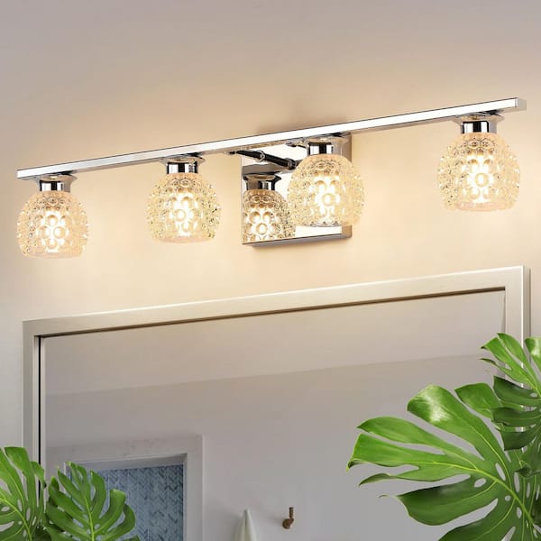 JUSHENG 24.8 in. 4-Light Chrome Bathroom Vanity Light with Glass Shades for Bathroom