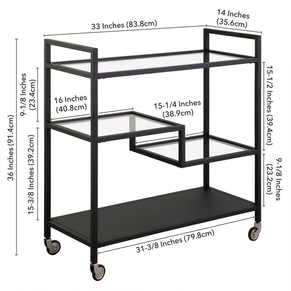 Lovett 33" Blackened Bronze Rectangular Bar Cart with Glass Shelves