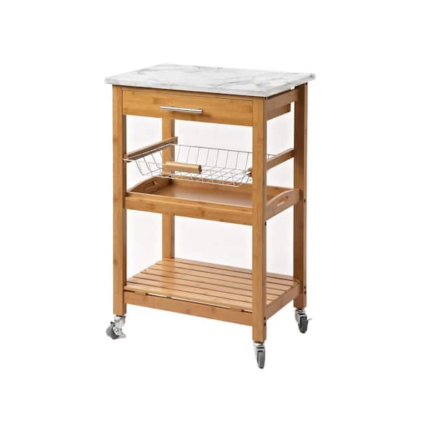 Boraam Aya Bamboo Kitchen Cart Natural Finish with Faux Marble Top