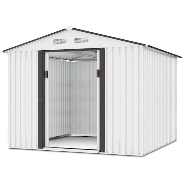 Sandinrayli 8.4 ft. W x 8.4 ft. D Outdoor Metal Storage Shed Garden Storage Tool with Sliding Door, White and Gray (70.56 sq. ft.)