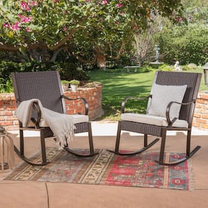 Harmony Dark Brown Faux Rattan Outdoor Rocking Chairs with Cream Cushions (2-Pack)