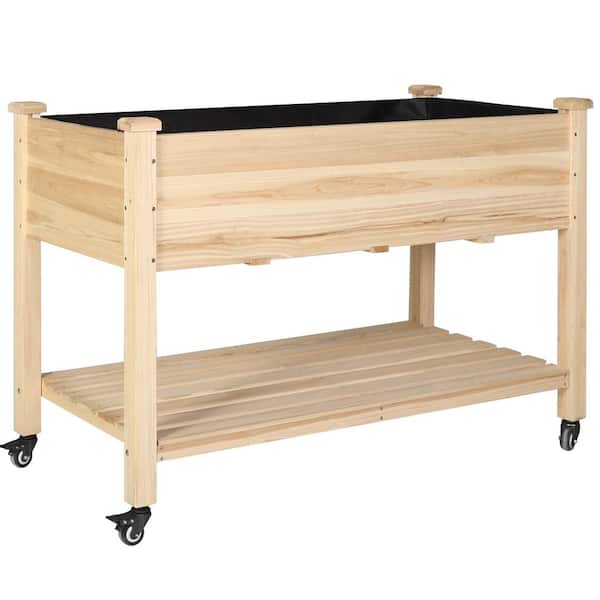47 in. x 24 in. x 33 in. Cedar Wood Color Wooden Raised Garden Bed with Lockable Wheels, Liner