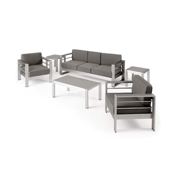 Noble House Cape Coral Silver 6-Piece Aluminum Outdoor Patio Conversation Set with Khaki Cushions