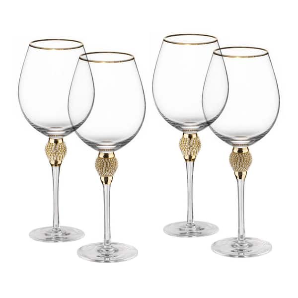 (Set of 4) Gold-Rimmed Red Wine Glasses with Diamond Rhinestone Accent 18 oz. 10 in. Tall