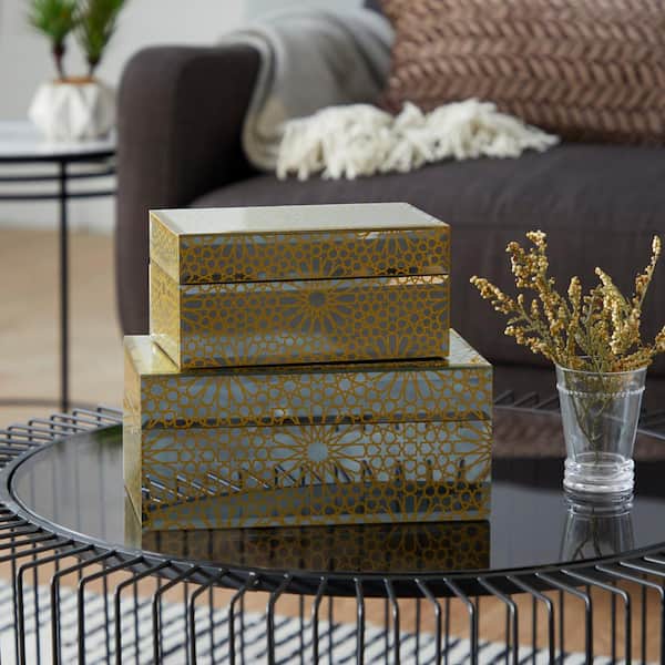 Gold Wood Geometric Hinged Lid Jewelry Box (Set of 2)