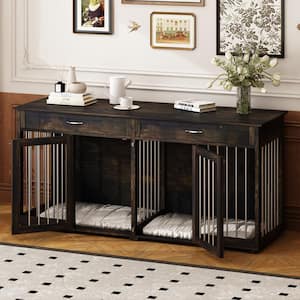 Walnut Brown Wooden Accent Storage Cabinet with 2-Drawer, Dog Crates Cage Furniture for Large Dog