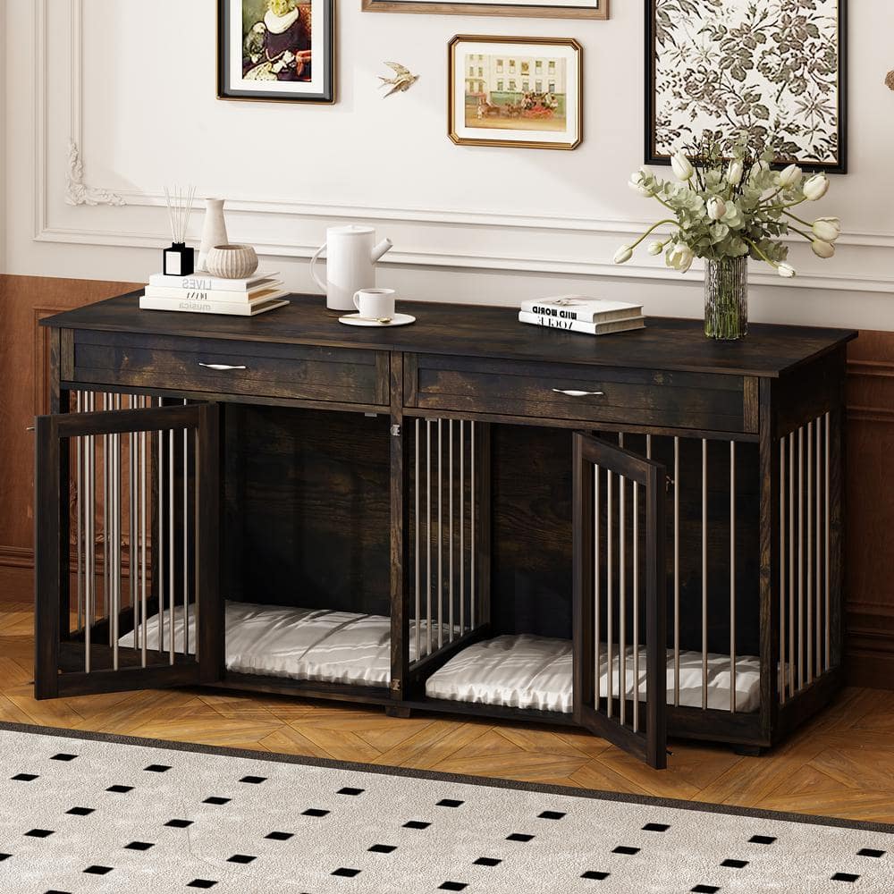 FUFU&GAGA Walnut Brown Wooden Accent Storage Cabinet with 2-Drawer