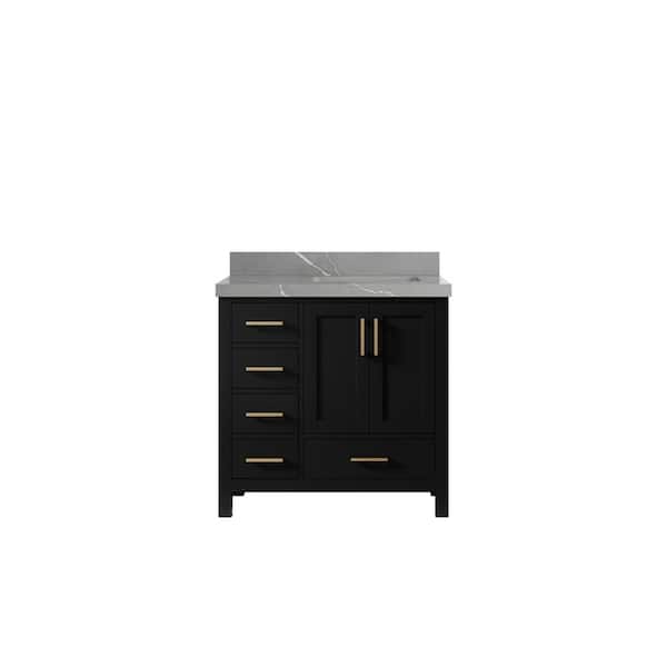 Willow Collections Malibu 36 in. W x 22 in. D x 36 in. H Right Offset Sink Bath Vanity in Black with 2 in. Piatra Gray Qt. Top