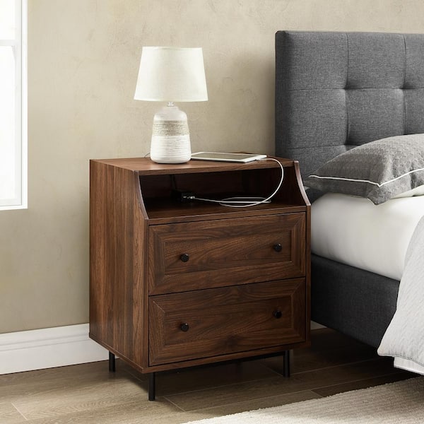 Welwick Designs 22 in W. 2-Drawer Dark Walnut Wood and Metal Nightstand with Mountable USB Port
