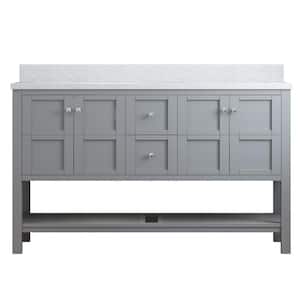 Solid Wood 60 in. W x 22 in. D x 39.3 in. H Double Sink Bath Vanity in Modern Gray with Carrara White Natural Marble Top