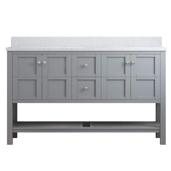 VANITYFUS Solid Wood 60 in. W x 22 in. D x 39.3 in. H Double Sink Bath Vanity in Modern Gray with Carrara White Natural Marble Top