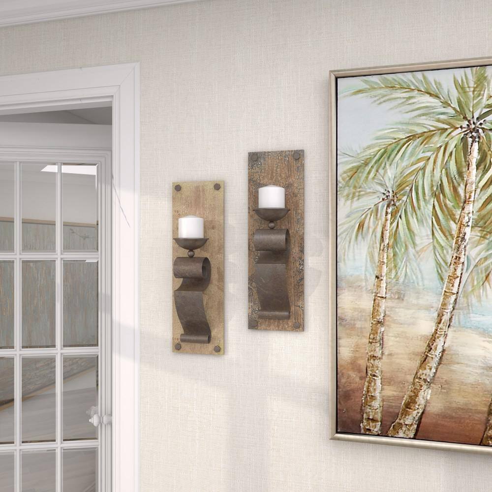 Rustic Distressed Wood & Metal Geometric Wall Sconce, Set of 2