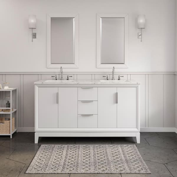 Water Creation Elizabeth 60 in. Pure White With Carrara White Marble Vanity Top With Ceramics White Basins