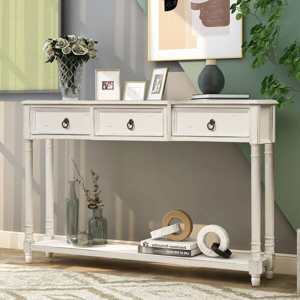Eer 52 In Antique White Console Table With Drawers For Entryway Projecting And Long Shelf Wf189574lxlaak Antique White Console Table, Front Door Table With Drawers