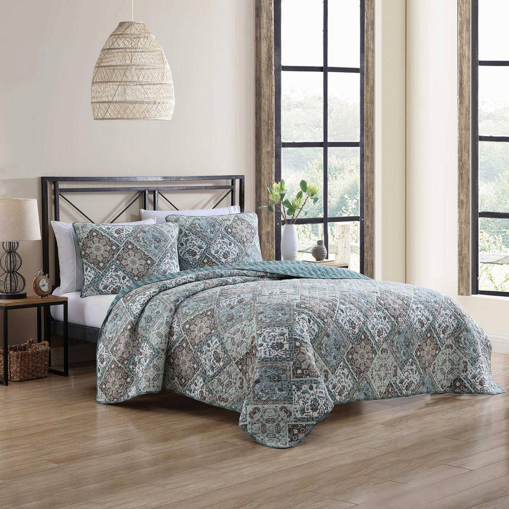 Full Blue Cotton Reversible Quilt Set with Shams