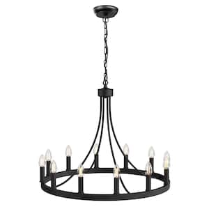 2 in. Farmhouse Chandeliers Over Table, 12-Light Round Rustic Industrial Black Chandelier for Dining Room Kitchen Island