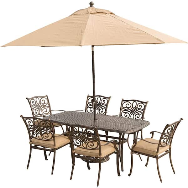 Hanover Traditions 7 Piece Aluminum Outdoor Dining Set With Rectangular Cast Table Umbrella And Base With Natural Oat Cushions Traditions7pc Su The Home Depot