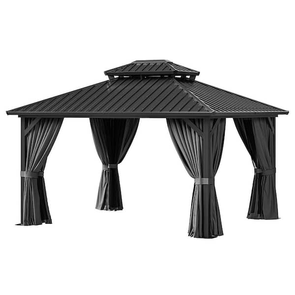 14 ft. x 12 ft. Outdoor Galvanized Steel Double Roof Hardtop Gazebo with Aluminum Frame, Netting and Curtain for Patio