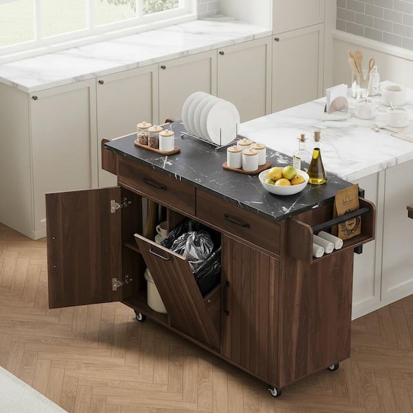 Cesicia Modern Walnut Brown Wood 52 in. Drop Leaf Rolling 2-Drawer Kitchen Island Cart with Trash Can Storage Cabinet and 3-Door