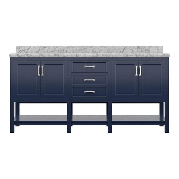 Everett 73 in. Double Sink Agean Blue Bath Vanity with White Carrara Marble Top (Assembled)