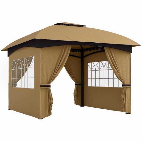 11 ft. x 11 ft. Beige Metal Outdoor Patio Double Roof Gazebo with Curtains and Church Windows for Lawn Deck Garden