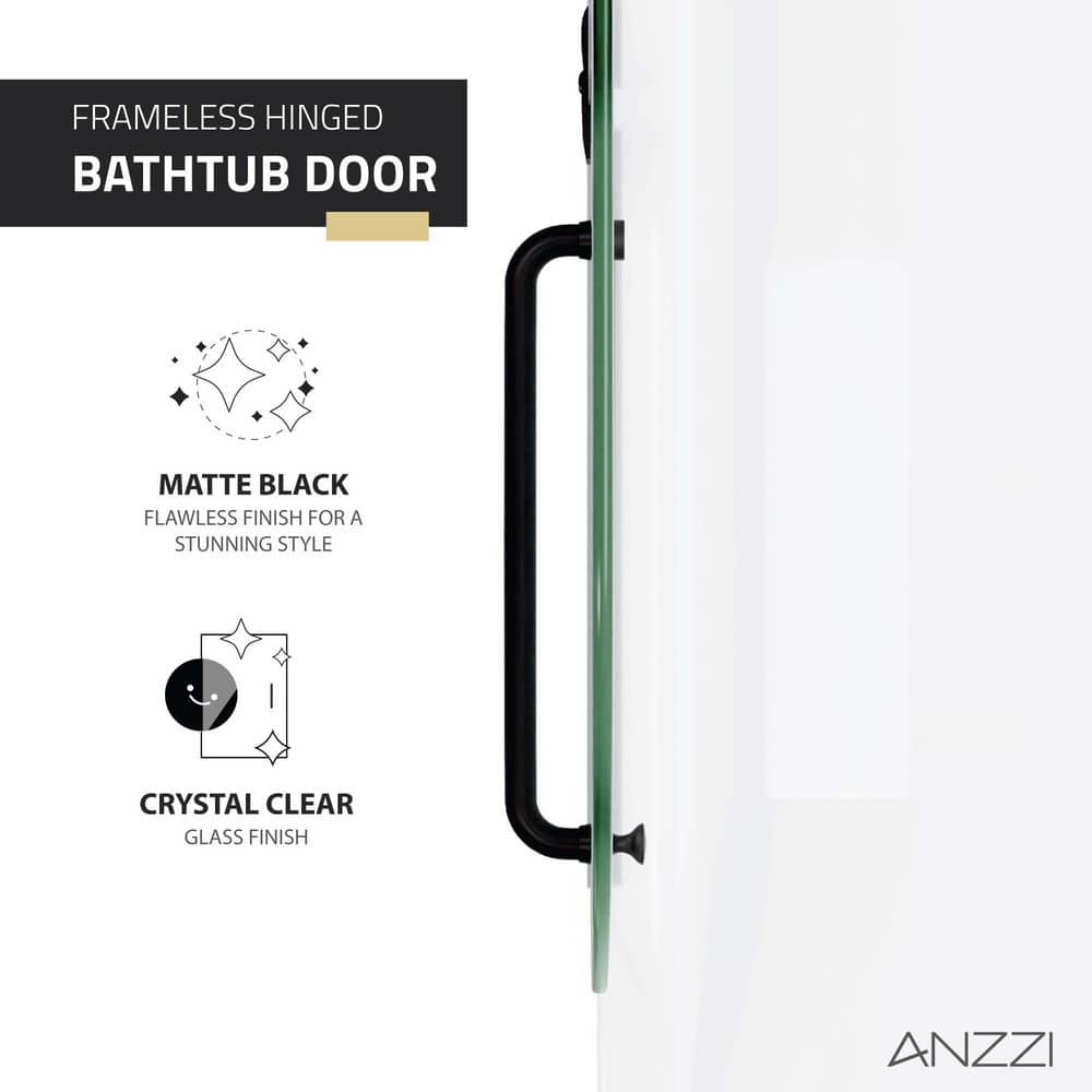 Matte Black Frameless Glass Tub Door with Towel Bar