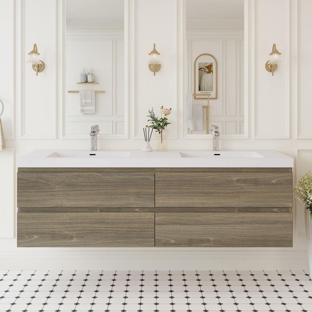 72 in. W x 30 in. D x 22.44 in. H Bathroom Wall Hung Bath Vanity in Ash Grey with Resin Double Basin Vanity Top in White price history on PriceWatchPro