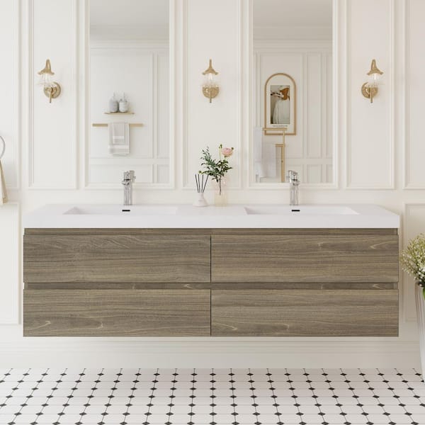 72 in. W x 30 in. D x 22.44 in. H Bathroom Wall Hung Bath Vanity in Ash Grey with Resin Double Basin Vanity Top in White