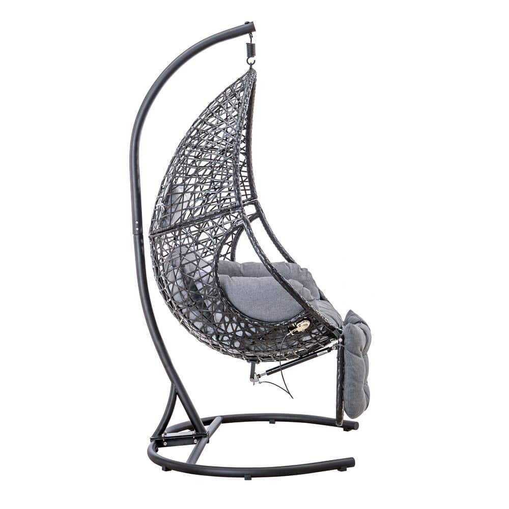 1-Person Wicker Porch Swing Egg Chair with Stand and Gray Cushion